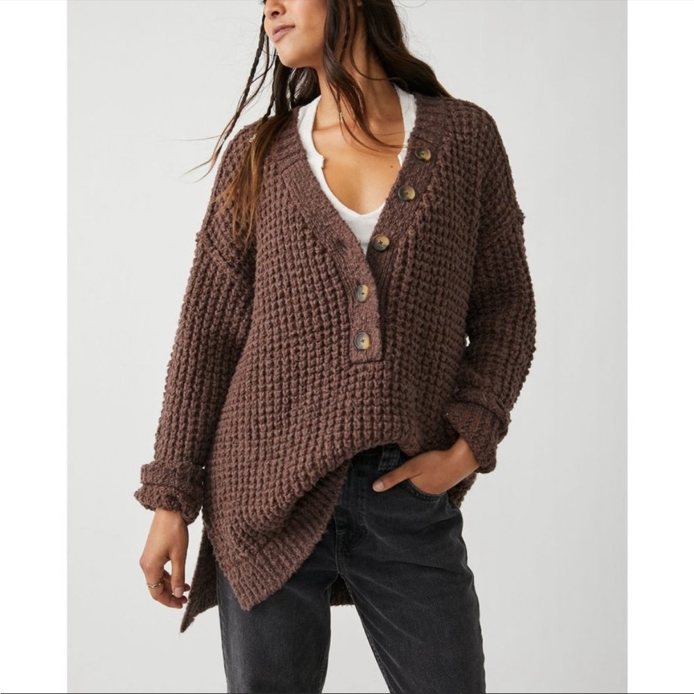 NWT Free People Whistle Thermal Henley / Brownstone Combo small